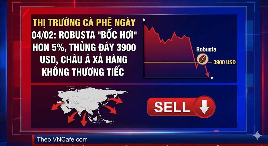 Thị trường cà phê ngày 04/02: Robusta bốc hơi hơn 5% thủng đáy 3900 USD, châu Á xả hàng không thương tiếc